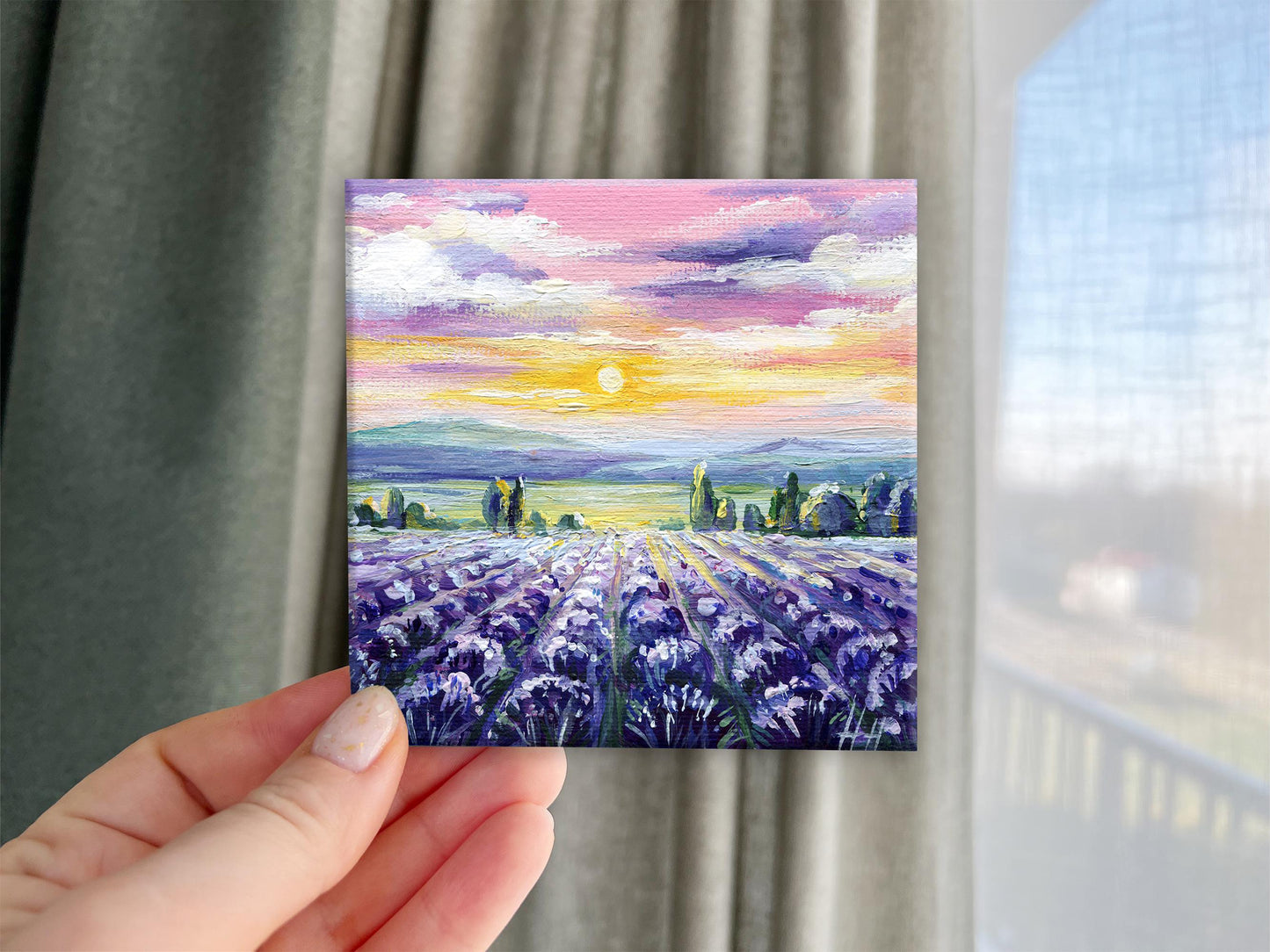 Original small canvas art of purple lavender rows under soft sunset sky – perfect gift for lavender lovers