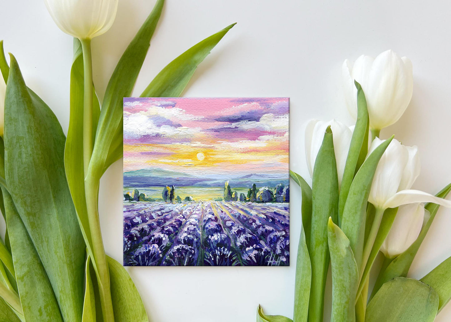 Colorful sunset over blooming lavender field – miniature painting for cozy home or kitchen wall