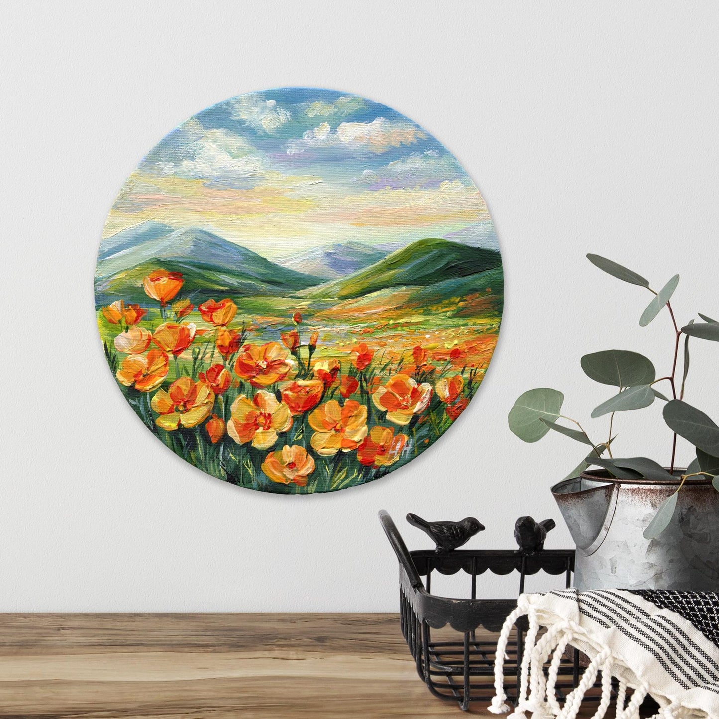 California Poppies Landscape – Original Painting Round canvas 6x6", Vibrant Floral Art, Wildflower Meadow Wall Decor, orange flowers, Gift