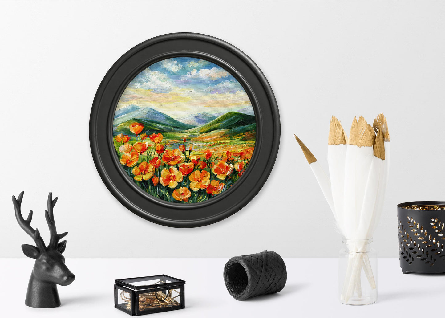 California Poppies Landscape – Original Painting Round canvas 6x6", Vibrant Floral Art, Wildflower Meadow Wall Decor, orange flowers, Gift