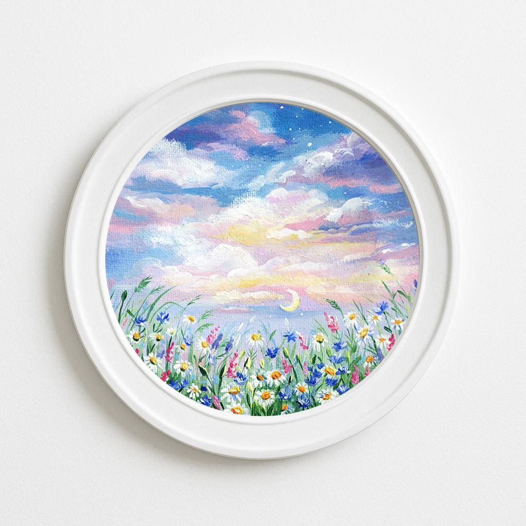 Moonrise Over Wildflower Meadow – Original 6x6" Round Acrylic Painting, Floral Night Sky Artwork, Dreamy Pastel Nature Decor, Birthday gift