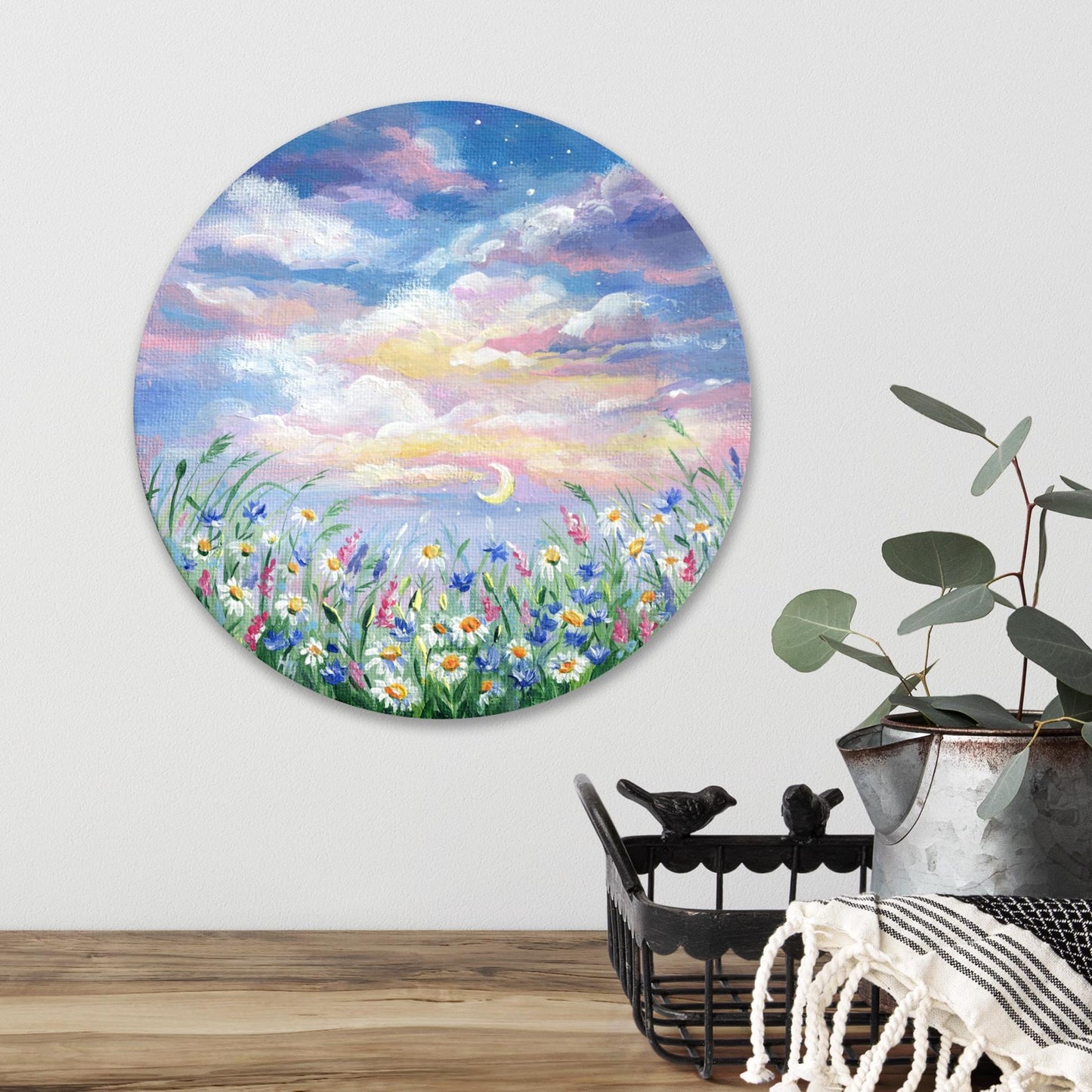 Moonrise Over Wildflower Meadow – Original 6x6" Round Acrylic Painting, Floral Night Sky Artwork, Dreamy Pastel Nature Decor, Birthday gift
