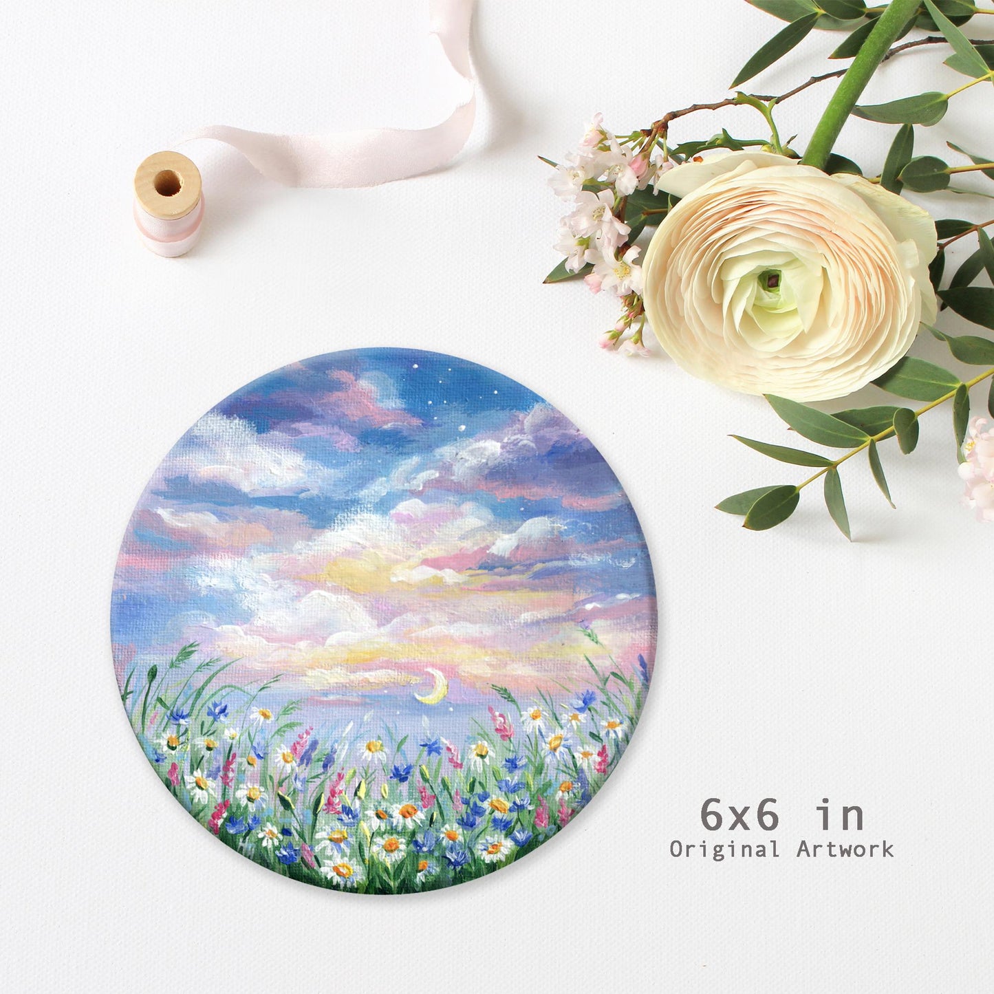 Moonrise Over Wildflower Meadow – Original 6x6" Round Acrylic Painting, Floral Night Sky Artwork, Dreamy Pastel Nature Decor, Birthday gift