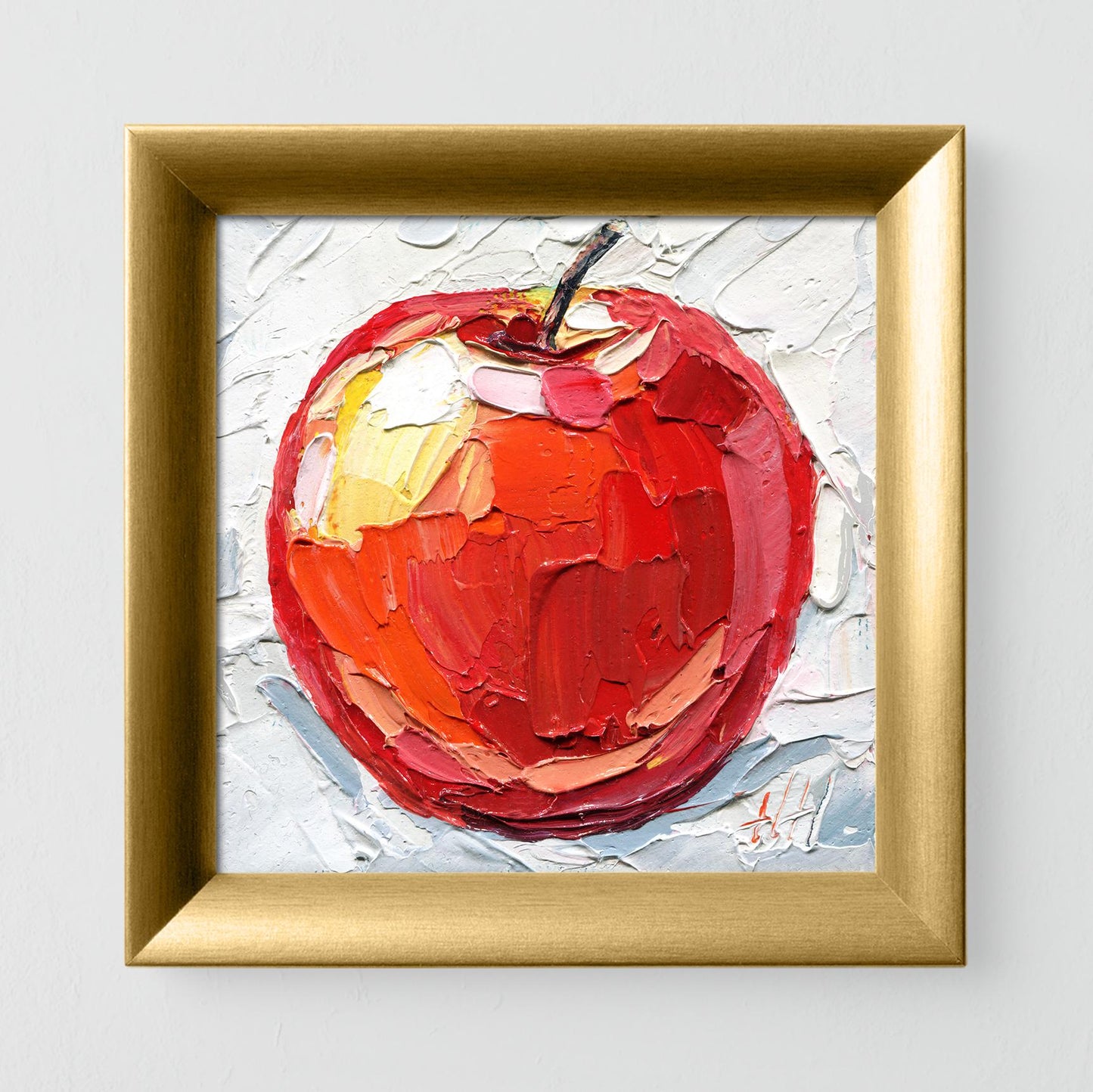 Impasto Red Apple Oil Painting: Rustic Kitchen Still Life, 4x4" Canvas by Hanna Hryharenka | HannaArtDecor