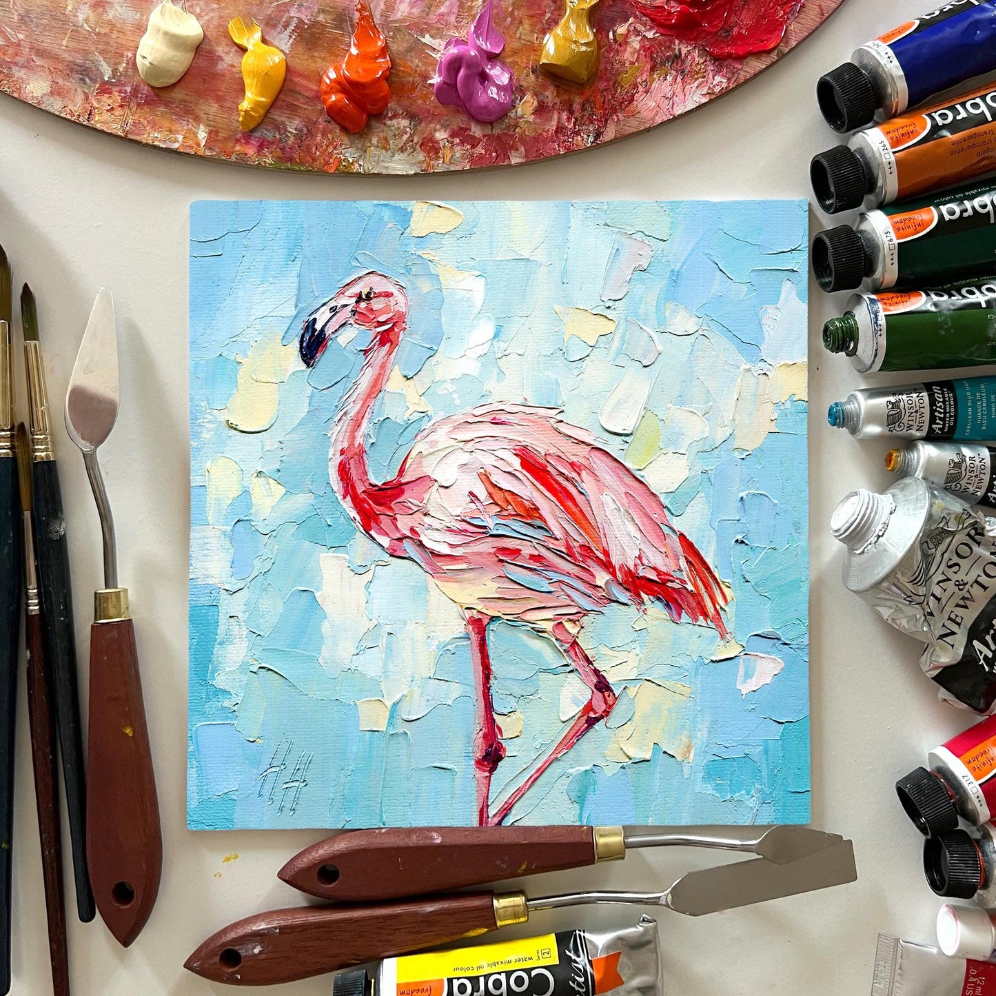 Impasto Flamingo Oil Painting: Tropical Bird Art, 8x8" Original by Hanna Hryharenka | HannaArtDecor