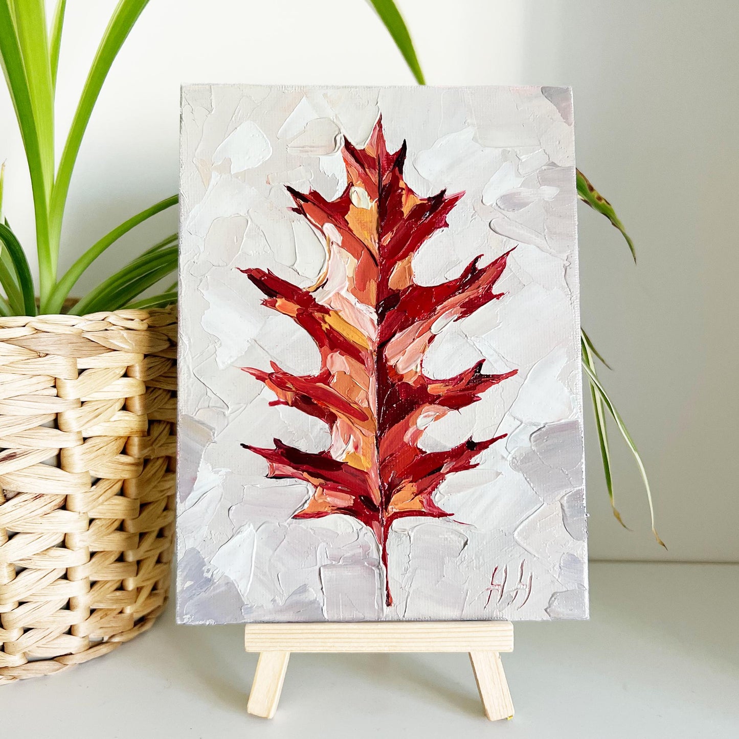 Red Oak Leaf — Impasto Oil Painting, 5×7 in (Original)