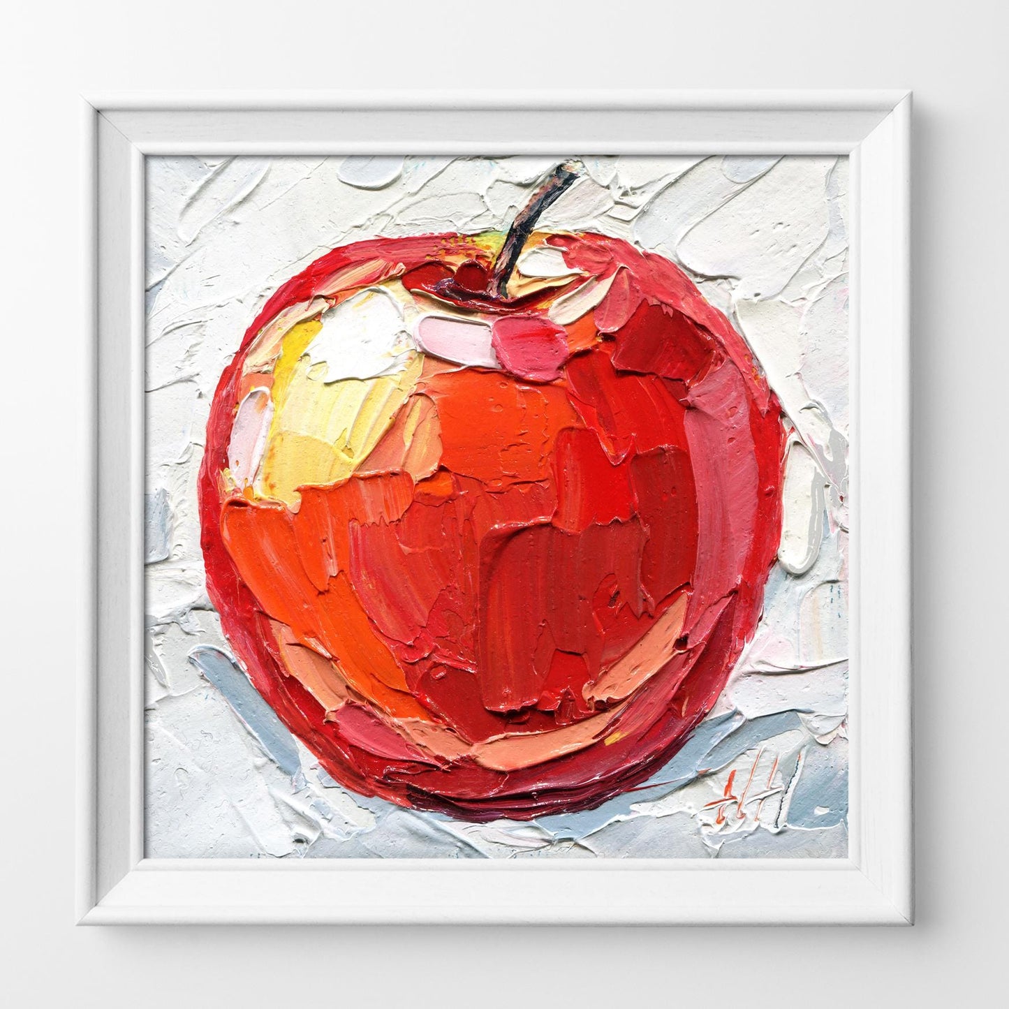 Impasto Red Apple Oil Painting: Rustic Kitchen Still Life, 4x4" Canvas by Hanna Hryharenka | HannaArtDecor