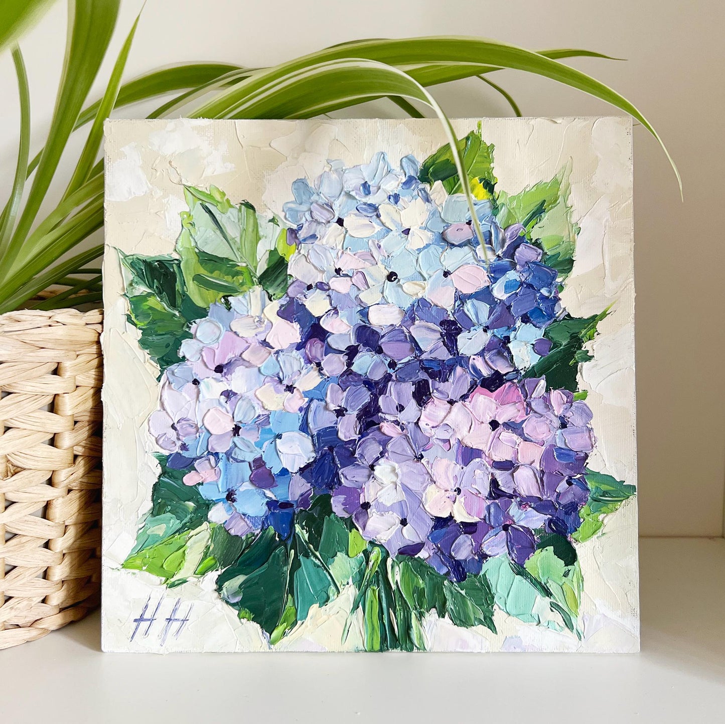 Hydrangea Bouquet — Impasto Oil Painting, 8×8 in (Original)
