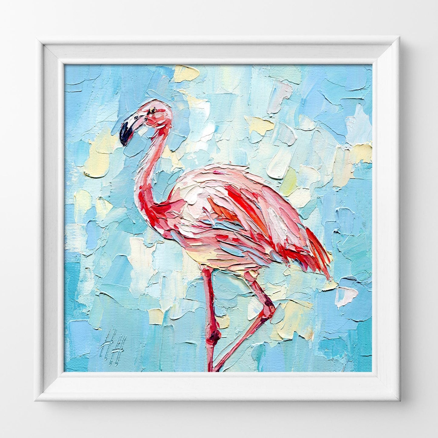 Impasto Flamingo Oil Painting: Tropical Bird Art, 8x8" Original by Hanna Hryharenka | HannaArtDecor