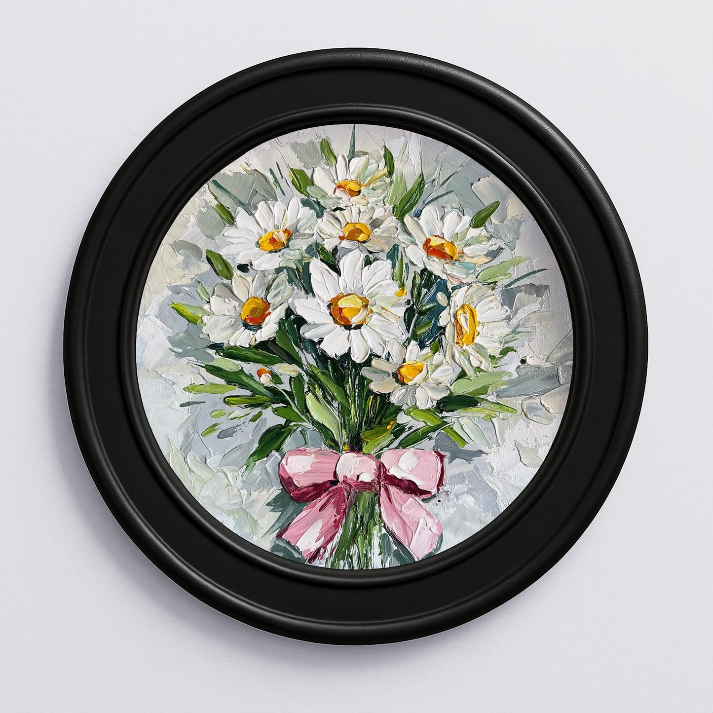 Daisy Bouquet Oil Painting – Original Round Canvas with White Flowers and Pink Bow, Floral Impasto Wall Art by HannaArtDecor