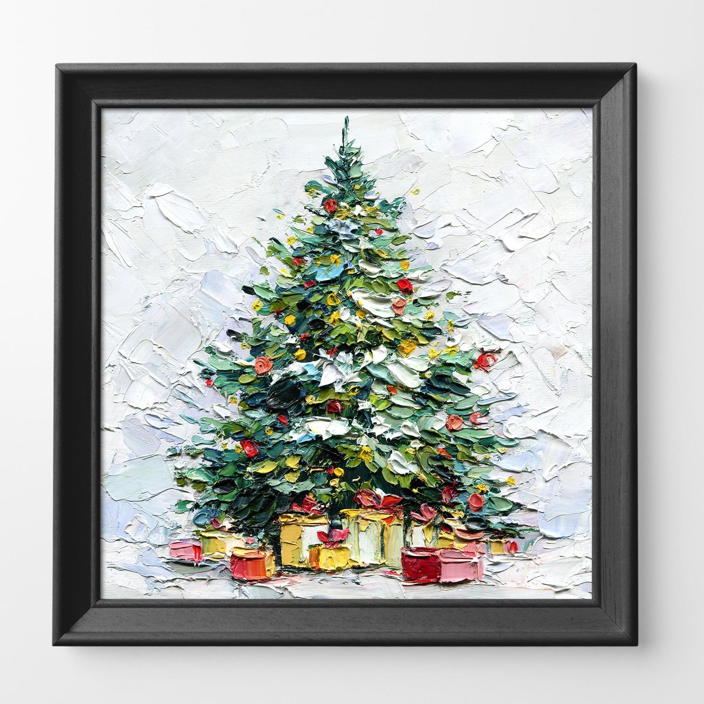Framed painting of a Christmas tree with presents on a textured white background