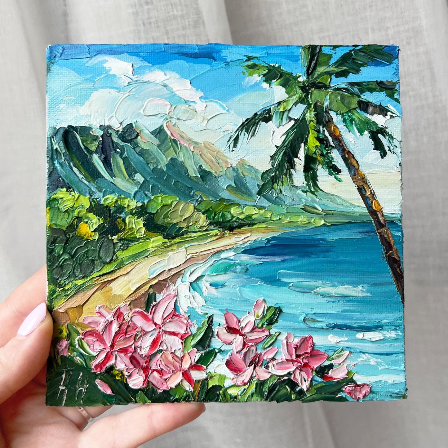 Maui Hawaii Original Oil Painting: Impasto Ocean Landscape, Palm Tree Art
