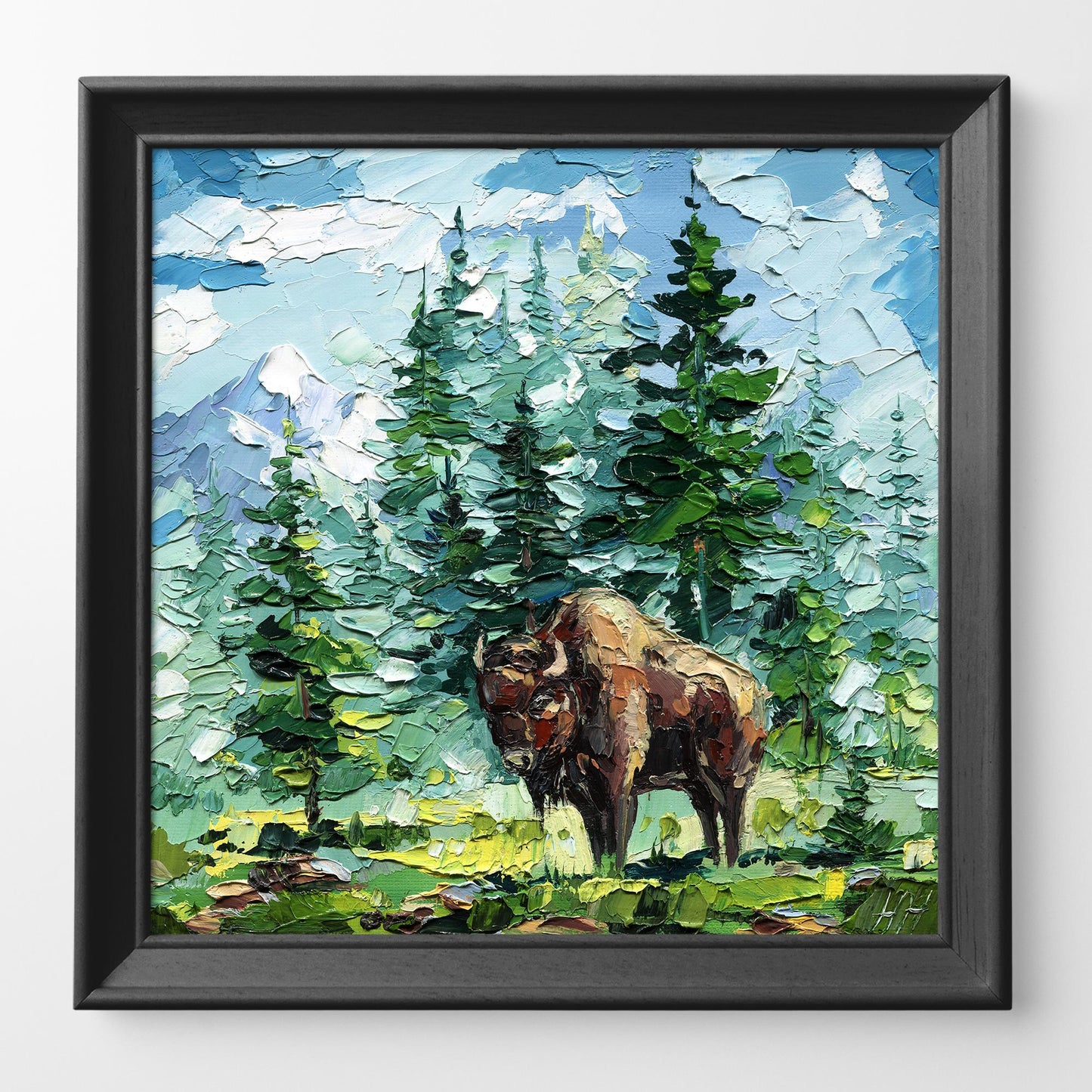 Bison Yellowstone wildlife oil painting: impasto landscape in mountain forest style artwork