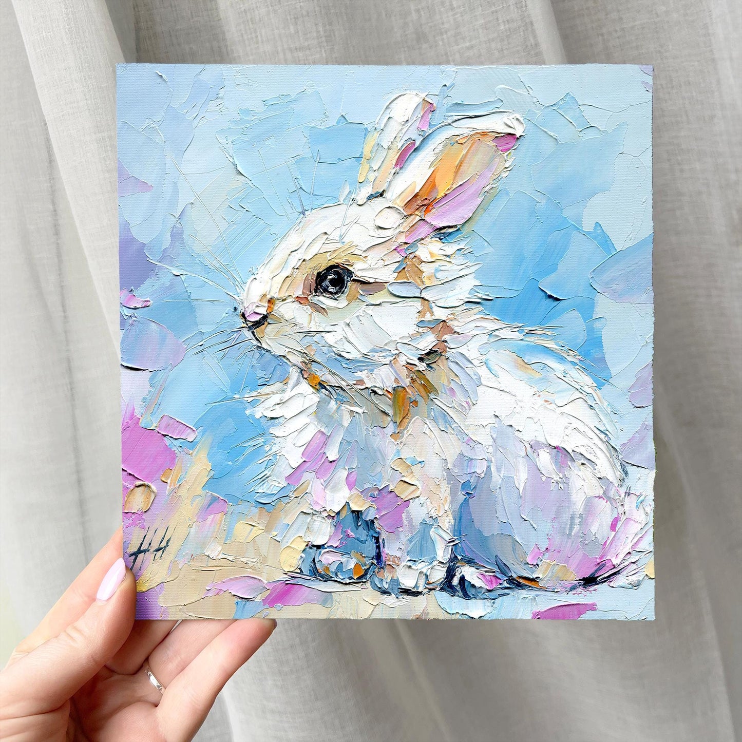 Christmas White Bunny Oil Painting – Impasto Palette Knife Art, Nursery Decor (8x8)
