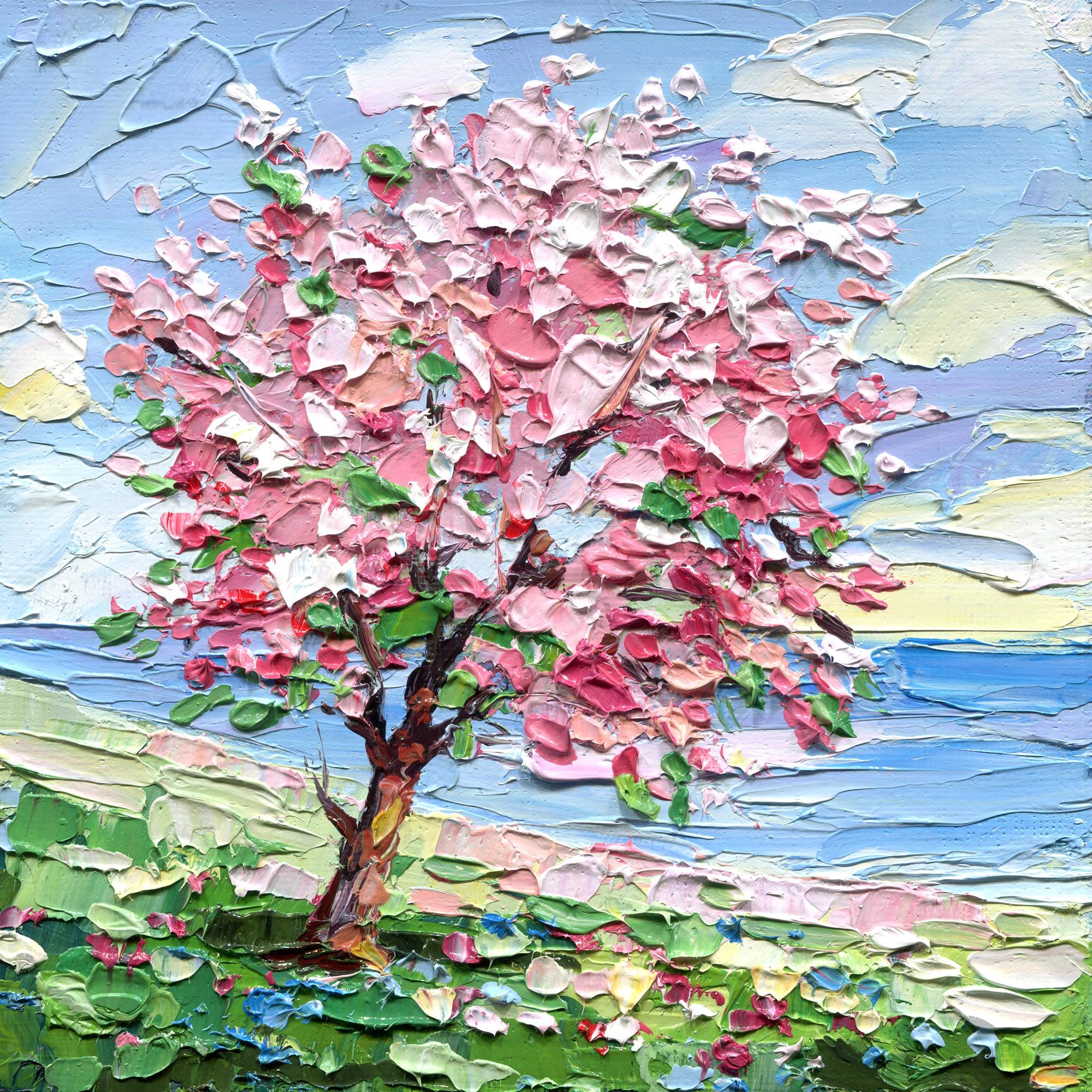spring tree 原画 Spring Impasto Cherry Blossom Tree Oil Painting – Floral Landscape