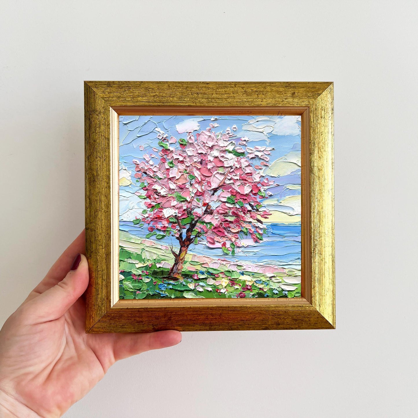 Spring Impasto Cherry Blossom Tree Oil Painting – Floral Landscape Art (6x6)
