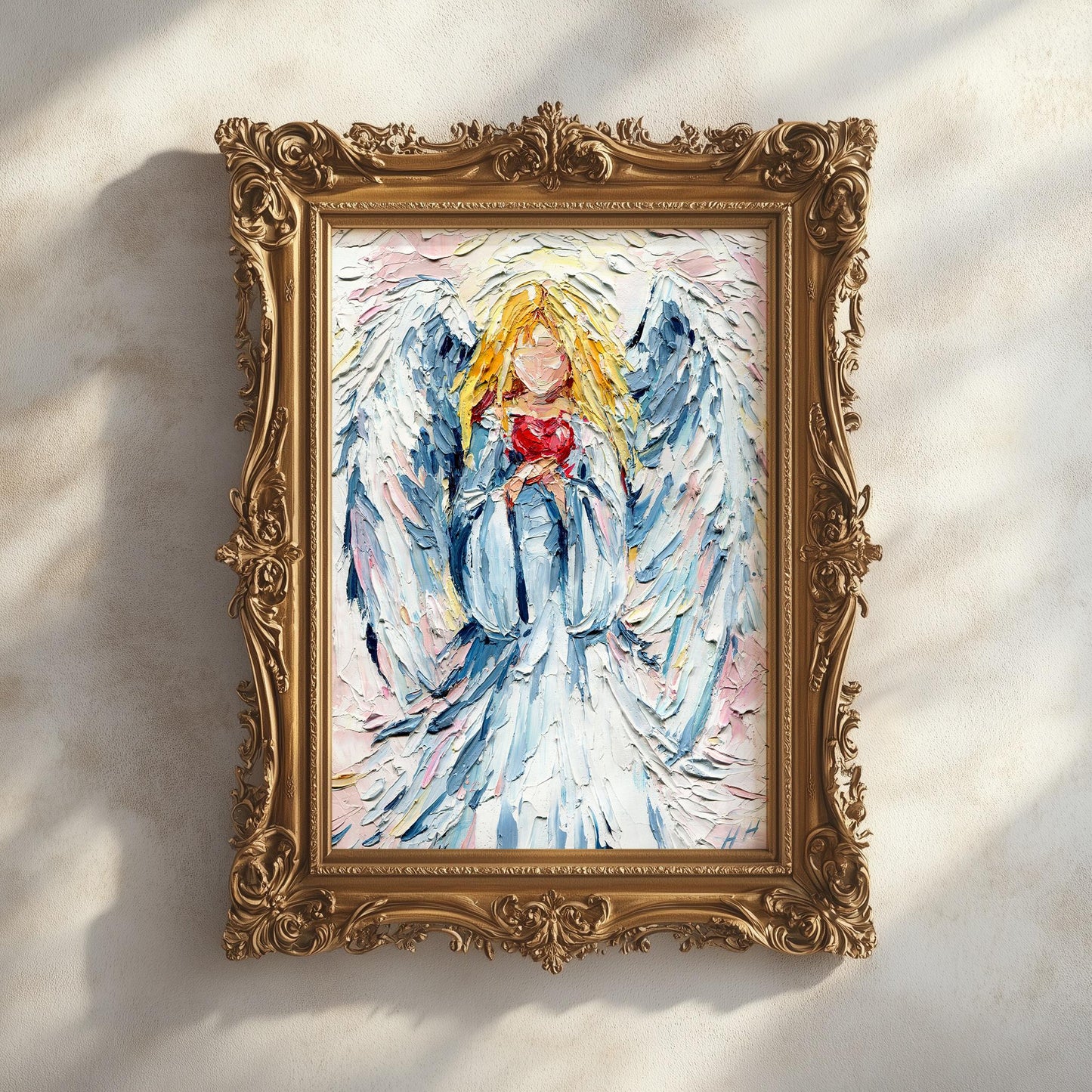 Guardian Angel Heart Oil Painting: Impasto Palette Knife Spiritual Art with Soft Pastel Tones