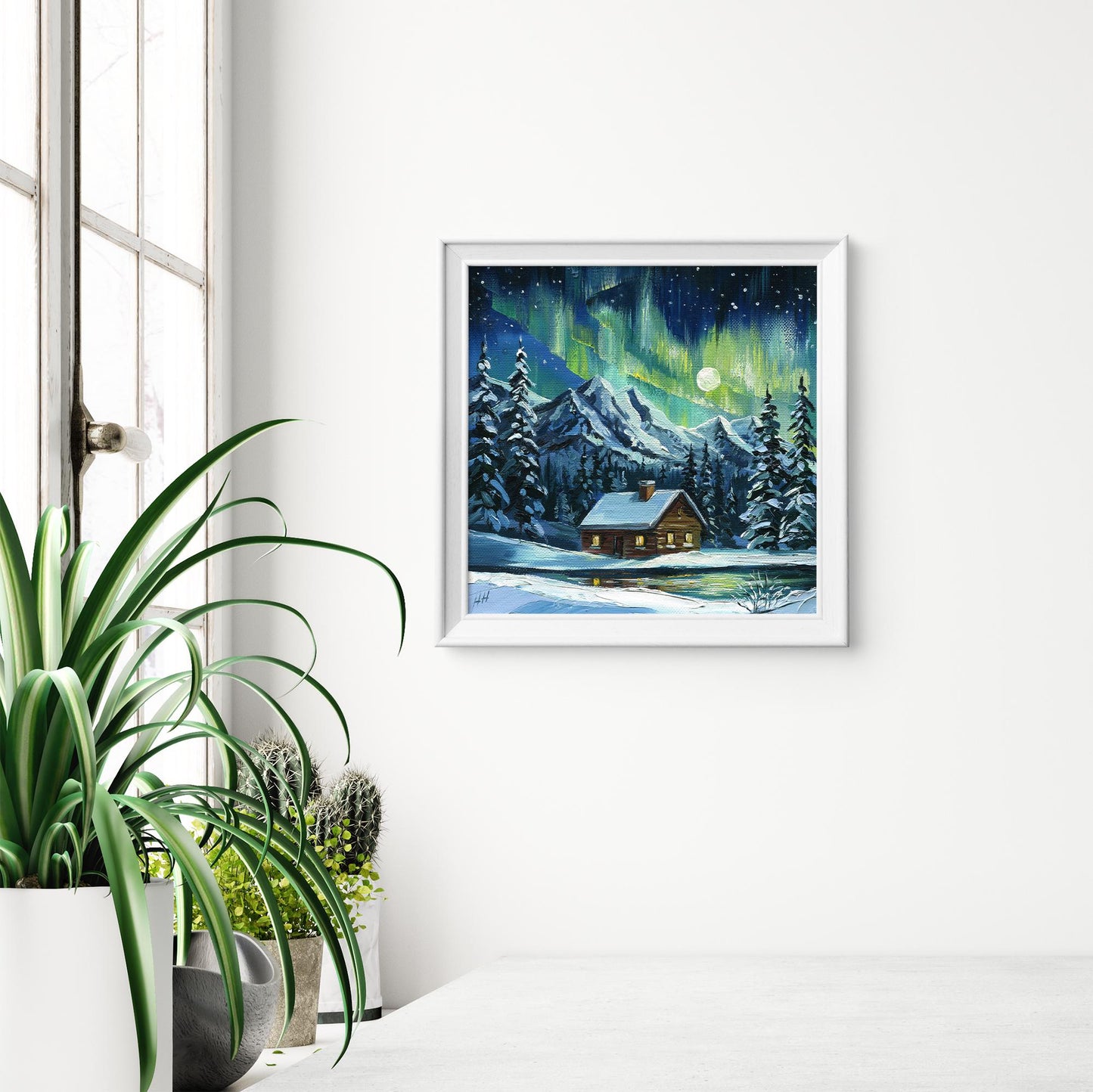 Northern lights oil painting, winter cabin landscape art, snowy mountains, original aurora borealis artwork