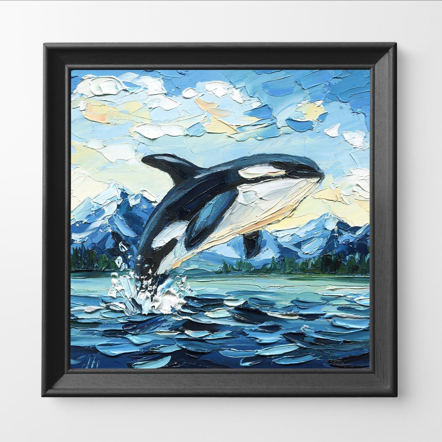 Original Orca Whale Art Oil Painting – Puget Sound Textured Palette Knife Ocean Lovers Gift