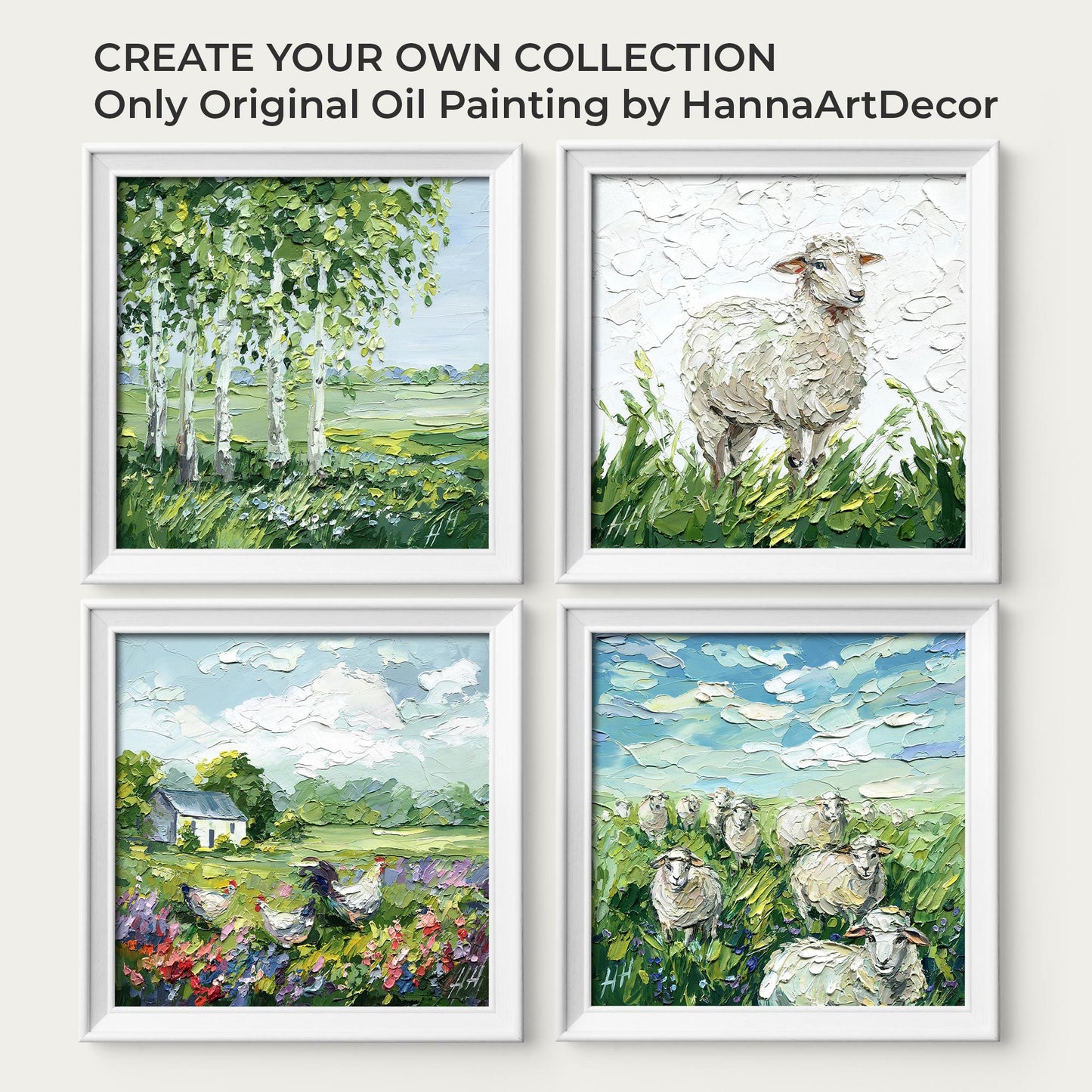 Sheep Oil painting, Original pastoral landscape: textured impasto palette knife farm animal art