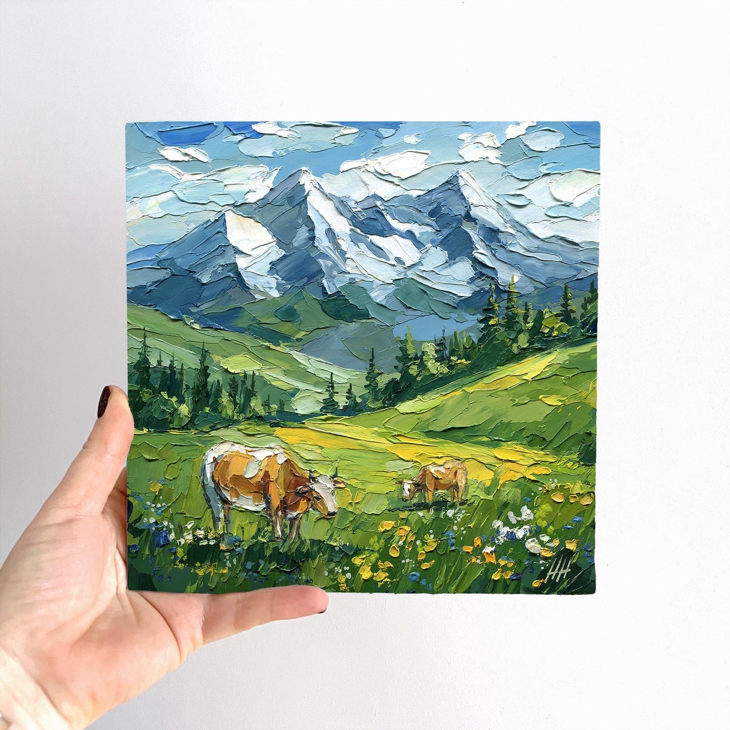 Original Alpine Landscape Oil Painting, Mountain Art with Cows, Textured Impasto Meadow Wall Decor