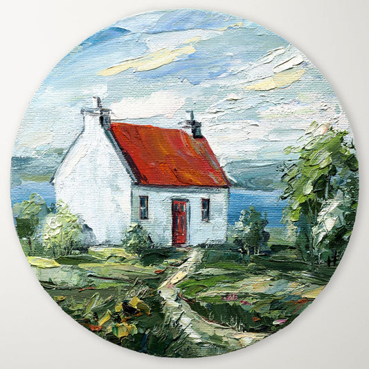Original Irish Cottage oil painting by Hanna Hryharenka showing white house with red roof in green countryside