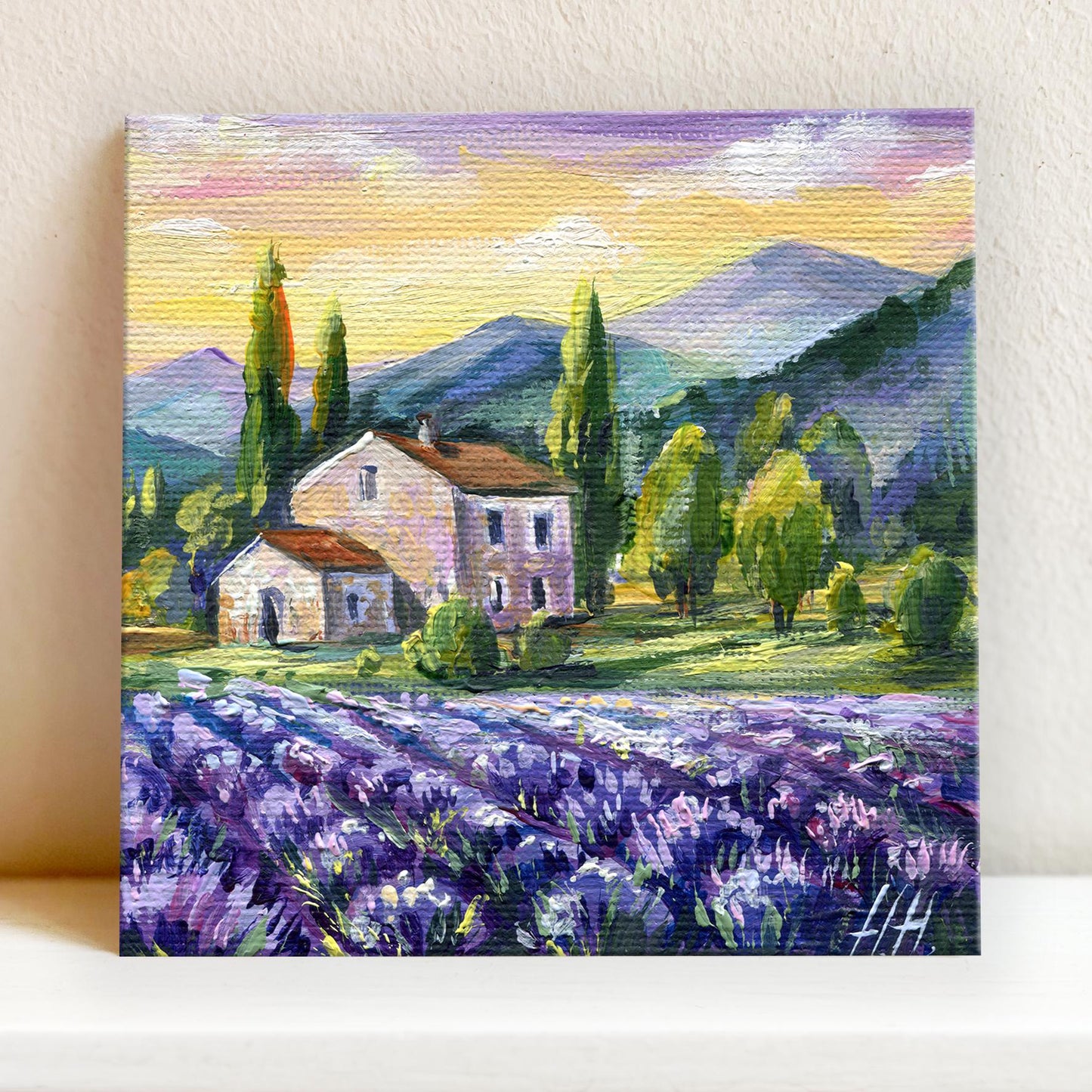 Original Lavender oil painting by Hanna Hryharenka displaying 4x4 inch canvas with French countryside landscape