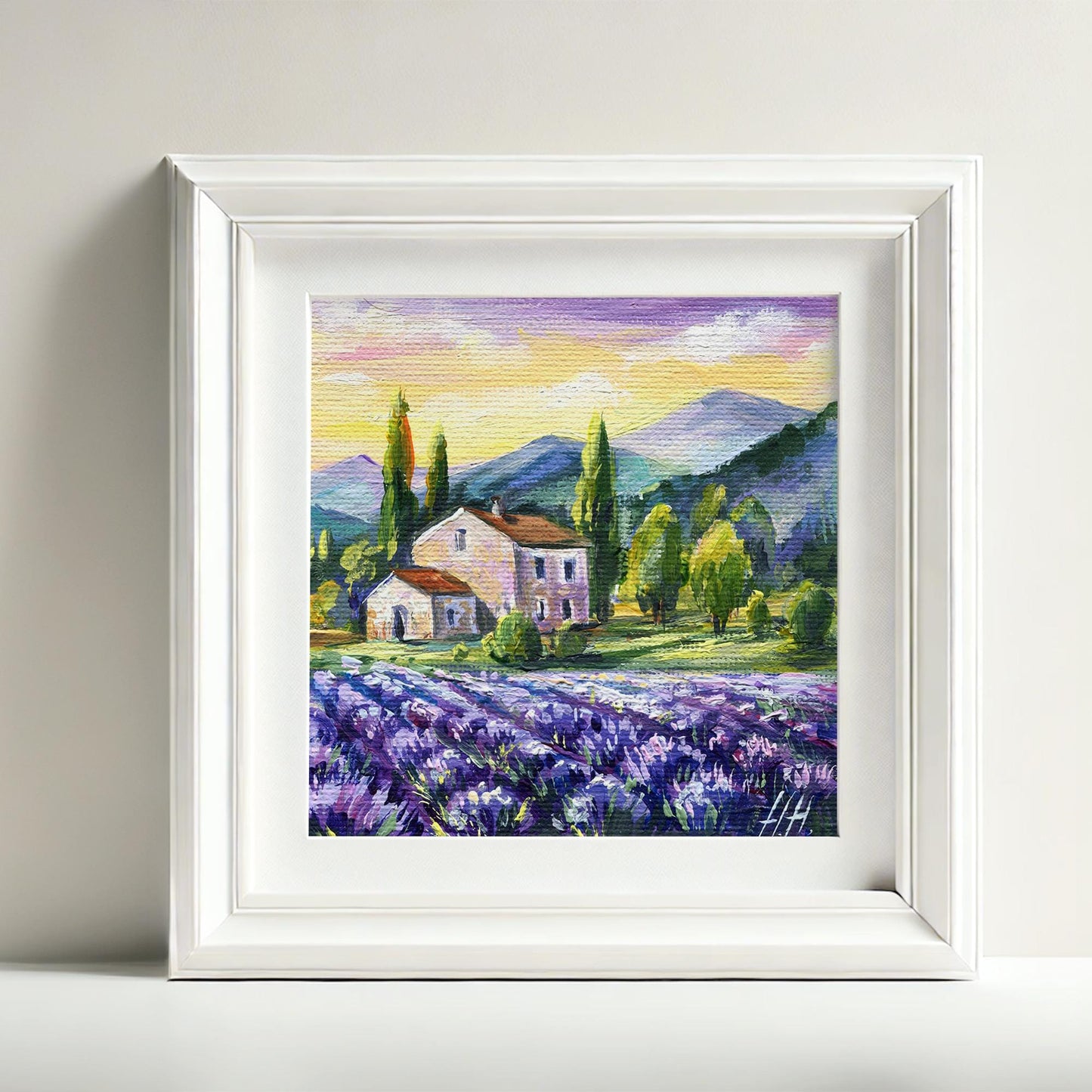 riginal Lavender oil painting by Hanna Hryharenka showing purple lavender fields in Provence with village house