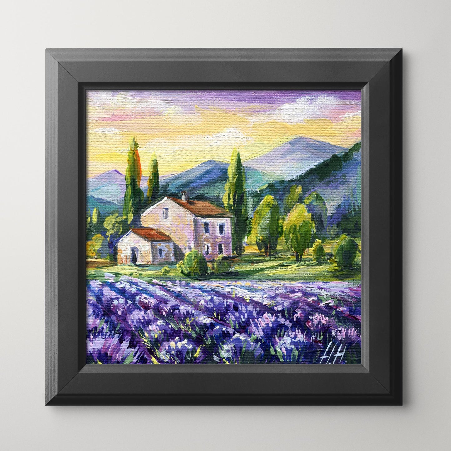 Original Lavender oil painting by Hanna Hryharenka showing romantic French farmhouse decor with purple fields