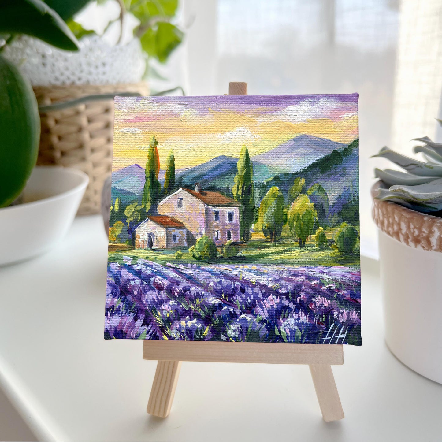 Original Lavender oil painting by Hanna Hryharenka with side view highlighting canvas texture and impasto technique