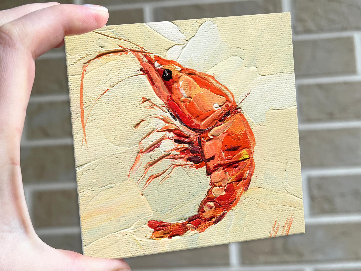 Mini seafood canvas painting by Hanna Art – 4x4 inch vibrant shrimp decor for coastal kitchen or gourmet wall
