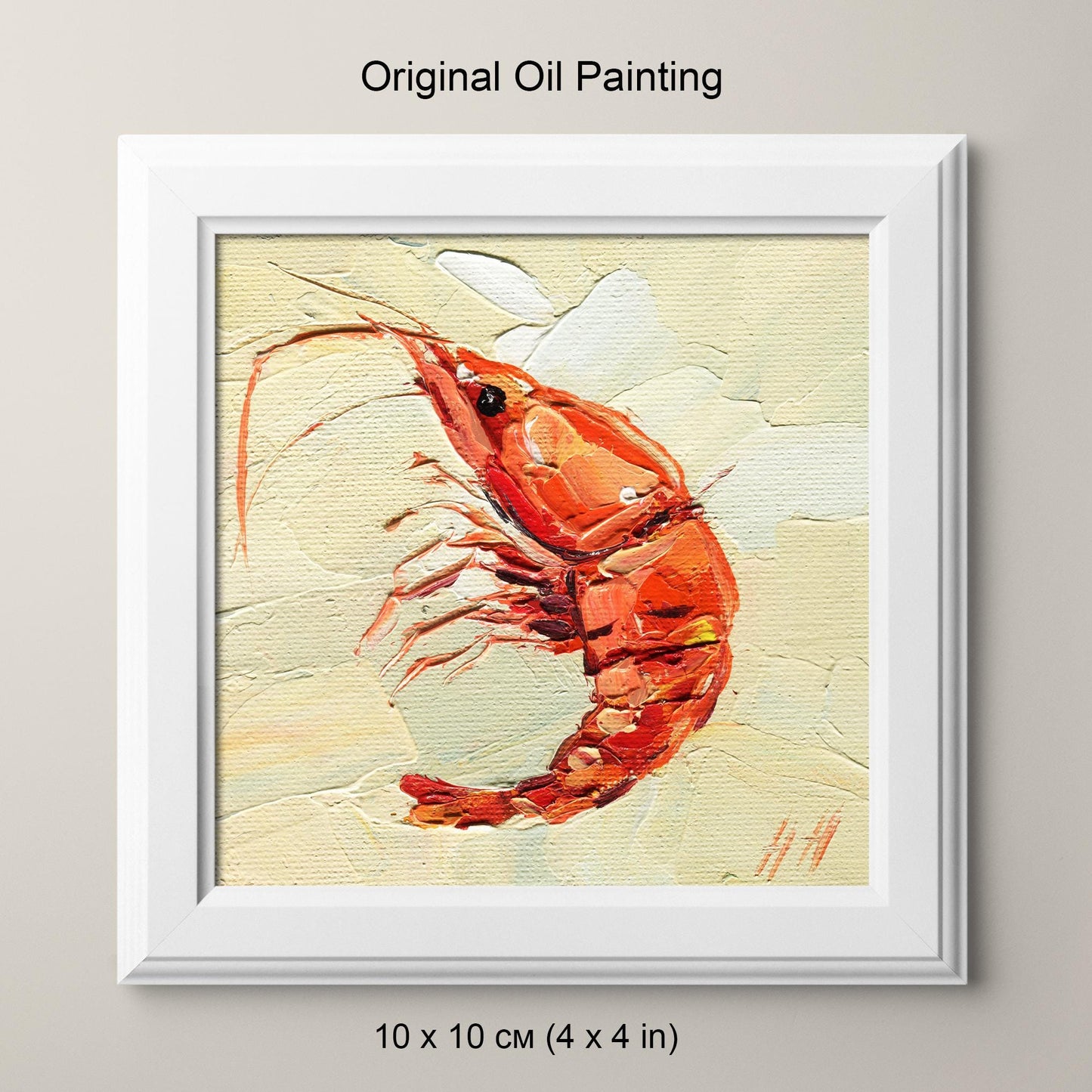 Hand-painted shrimp artwork in impasto style, created by Hanna Hryharenka for seafood and coastal art collectors