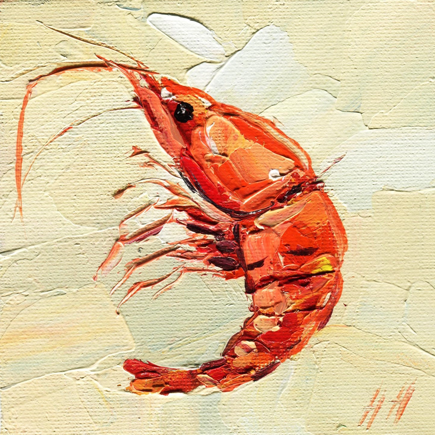 Hanna Art Decor original oil painting of a red shrimp with palette knife texture and creamy beige backdrop