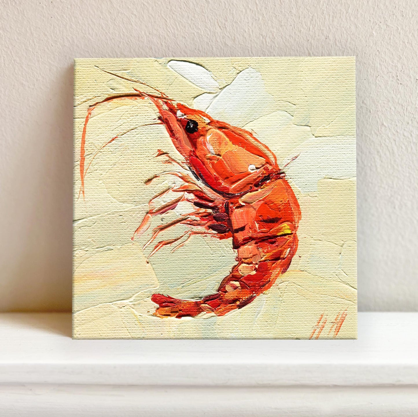 One-of-a-kind shrimp oil painting by Hanna Hryharenka featuring a bold red crustacean on a textured impasto background