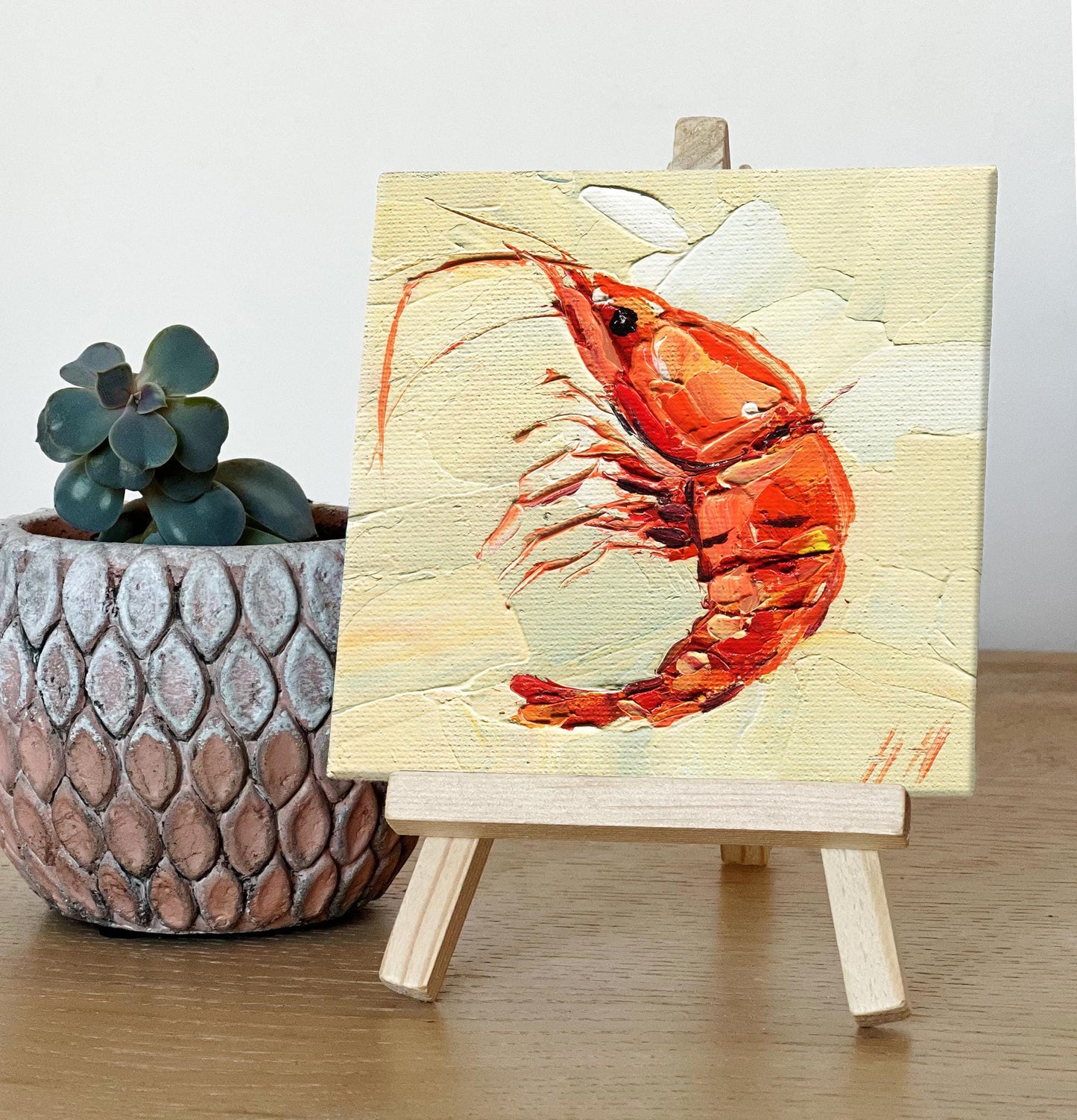 Small original oil painting by Hanna Art featuring textured red crustacean – perfect gift for seafood lovers