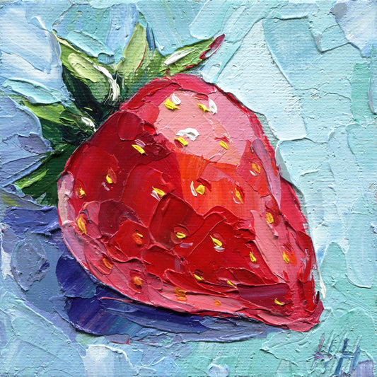 Original 4x4 inch strawberry oil painting by Hanna Hryharenka featuring vibrant red fruit against textured blue background, created with impasto technique showing thick paint application and palette knife details, perfect for kitchen wall decor