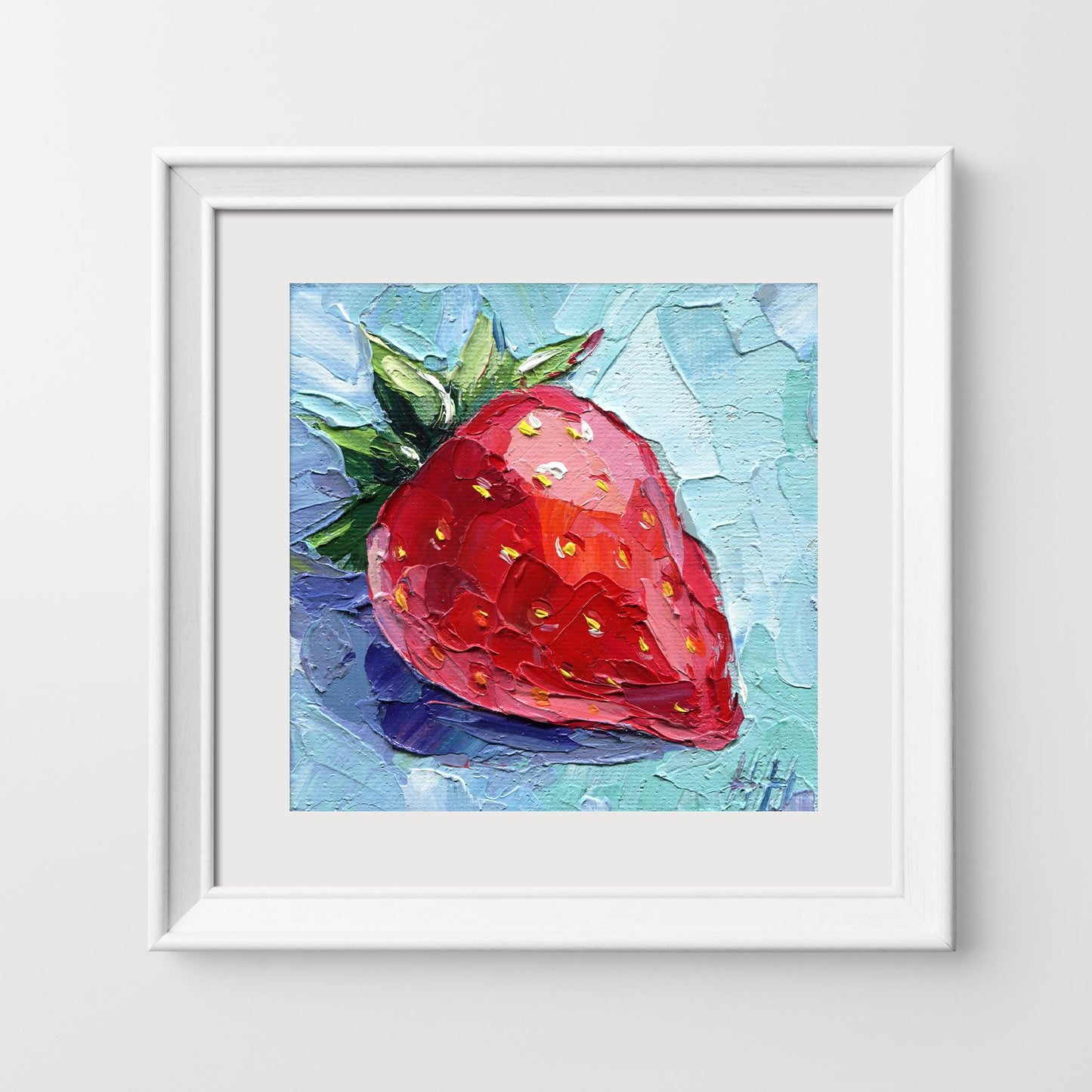 Detail shot of Hanna Hryharenka's strawberry painting showing the textured seeds and vibrant red color created through impasto technique, original mini oil painting perfect for kitchen wall art or food lover's gift