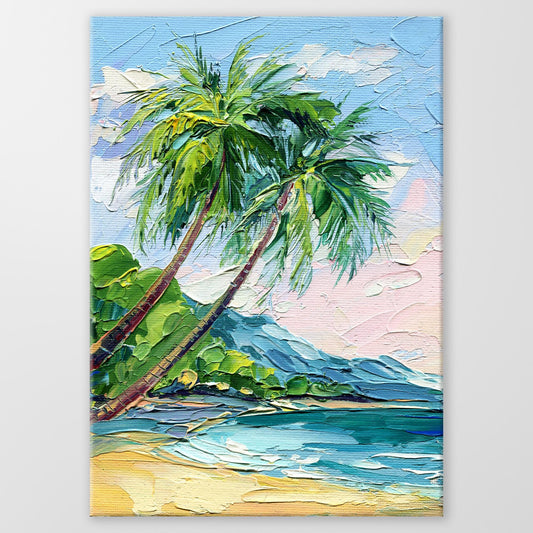Tropical Beach original oil painting by Hanna Hryharenka | Hanna Art Decor - palm tree seascape artwork for coastal wall decor