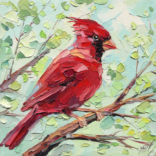 Textured oil painting of a red cardinal on a branch among pale green leaves.