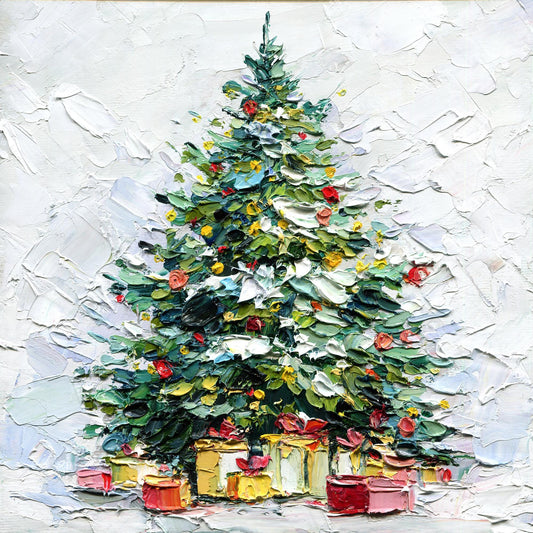 Original impasto Christmas tree oil painting with textured palette knife strokes and festive ornaments