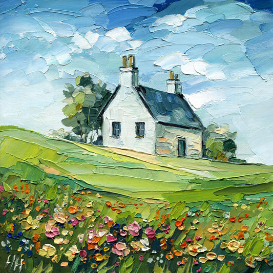 White cottage among green hills and colorful flowers beneath a blue, clouded sky in a textured oil painting by Hanna Hryharenka.