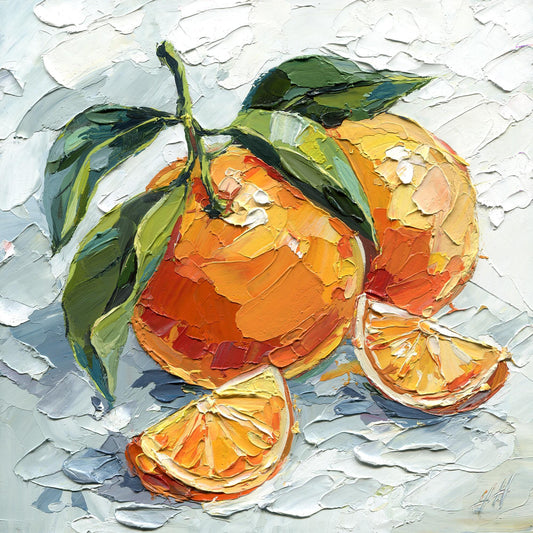 Two whole oranges with cut slices and green leaves in a textured oil painting by Hanna Hryharenka
