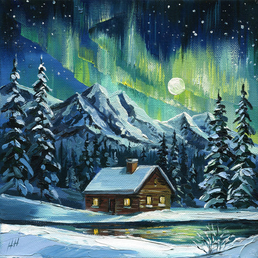 Winter landscape painting by Hanna Hryharenka with a glowing cabin window below snowy mountains and northern lights.