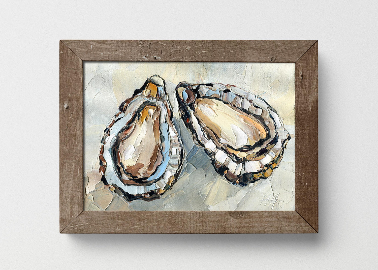 Seafood Series – Original Coastal Oil Paintings by Hanna Hryharenka featuring shrimp, oysters, sardines, and crab in vibrant impasto style. One-of-a-kind art for kitchen or coastal decor