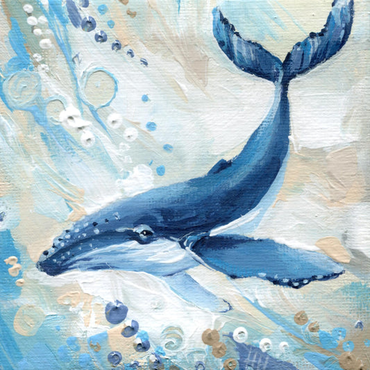 Whale Painting. Hand-Painted Mini Canvas, Ocean Animal Art, Marine Life Decor, Coastal Art 4x4 in, Gift Small Original Hand-Painted Artwork