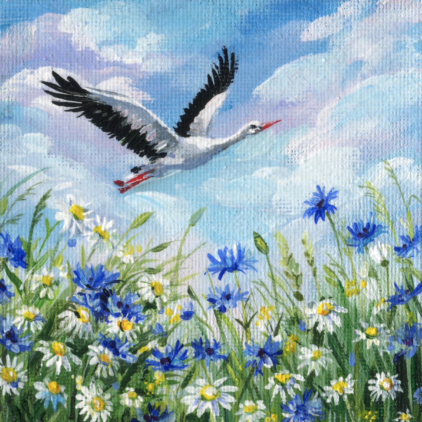 Stork flies over blooming field of daisies and cornflowers. Hand-Painted Mini Canvas Wildflower Meadow Art. Bird Lover Gift Original Artwork