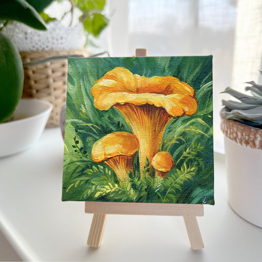 Chanterelle Mushroom Painting – Original Mini Canvas, 4x4in Woodland Art for Kitchen or Nature Decor