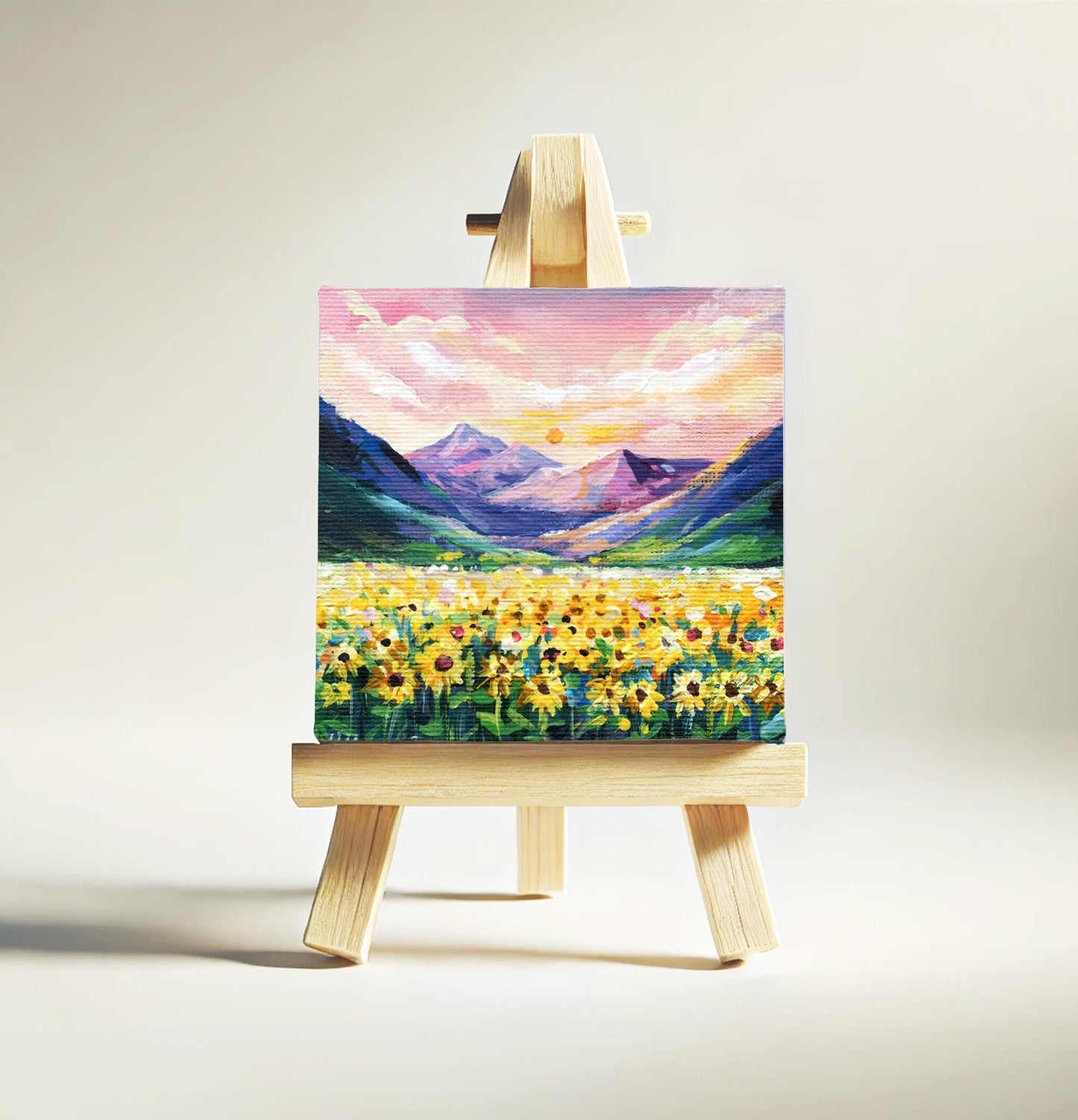 Impasto Mountain Meadow Painting: 4x4" Acrylic Flower Field Art