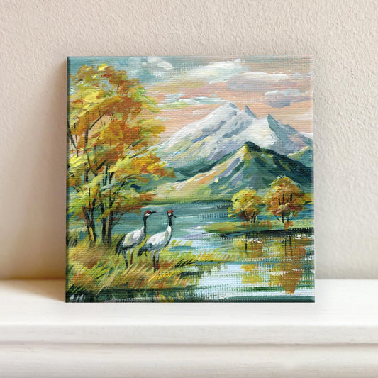 Hokkaido Landscape Painting, Japanese Alps Crane Art, Hand-Painted Acrylic Nature Scene, Small Mountain Canvas, Bird Decor, Original Gift