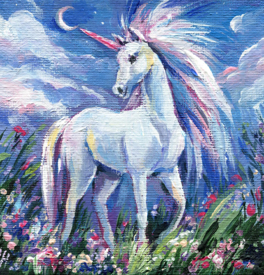 Unicorn Wall Art, Hand-Painted Fantasy Mini Canvas, Whimsical Nursery Decor, Fairytale Painting
